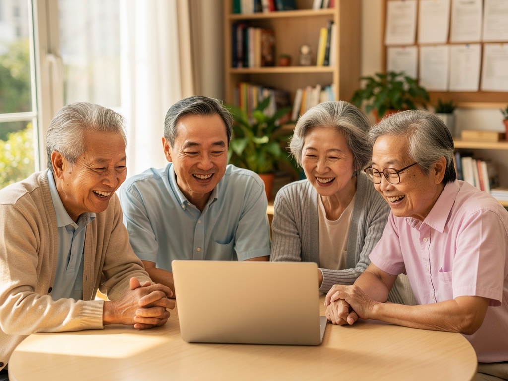 長者社群共同合作的場景——多位長者圍坐討論商業計劃