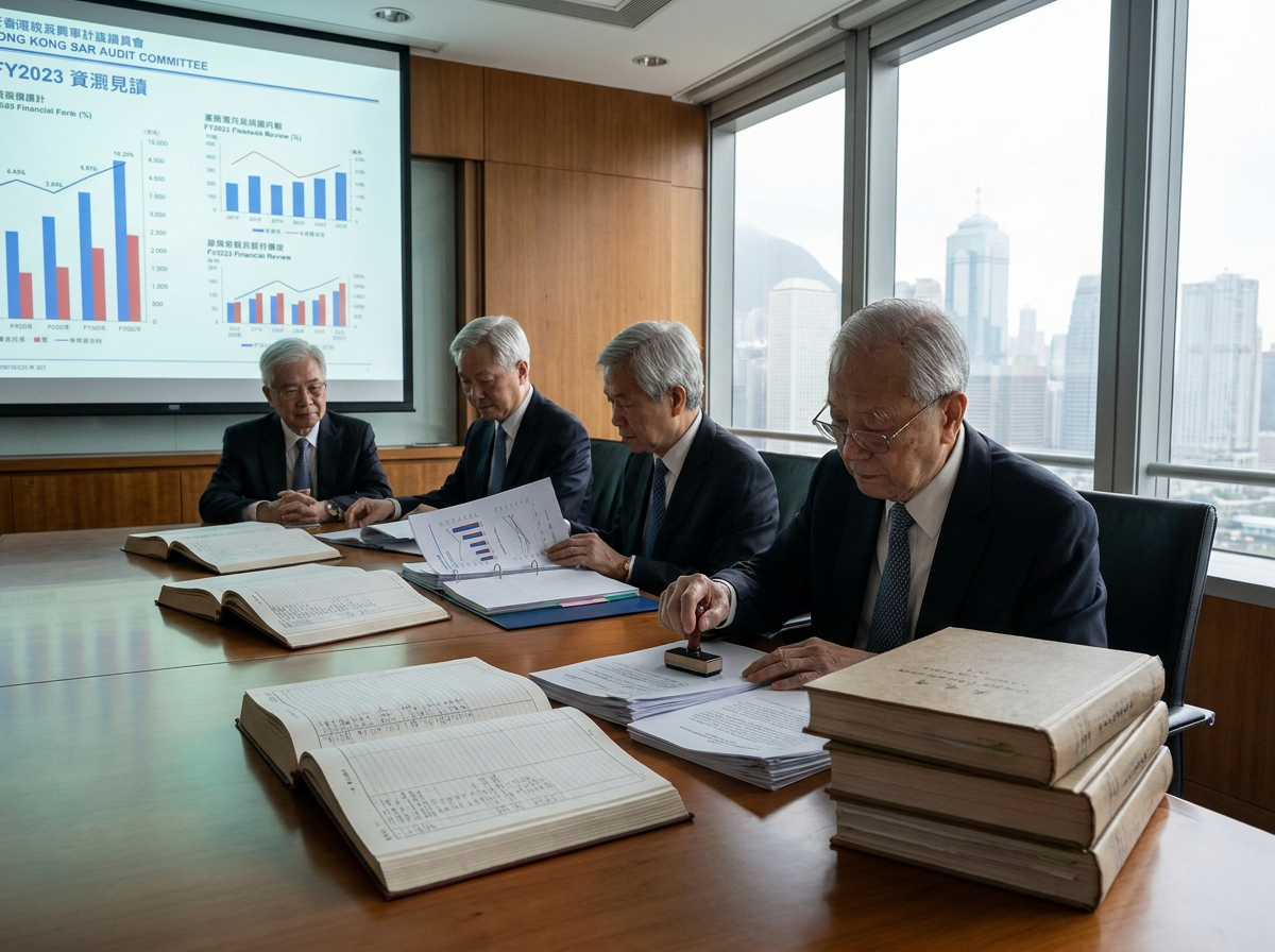 財務及審計委員會委員圍坐審閱帳本及財務報告，背景顯示財務圖表